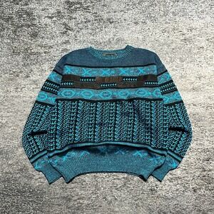 Barnaby‎ Sweater Mens Small Blue Black Vintage 90s Pattern Leather Patch Acrylic